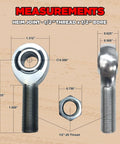 Beefed Up 1/2 Inch Heim Joint With Jam Nut, Left Hand Thread, 1/2-20 Bore, 4130 Heat Treated Chromoly Rod End With Kevlar PTFE Liner For Off Road Suspension And Steering Systems, measurements view