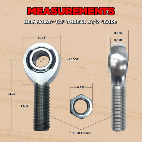Beefed Up 1/2 Inch Heim Joint With Jam Nut, Left Hand Thread, 1/2-20 Bore, 4130 Heat Treated Chromoly Rod End With Kevlar PTFE Liner For Off Road Suspension And Steering Systems, measurements view