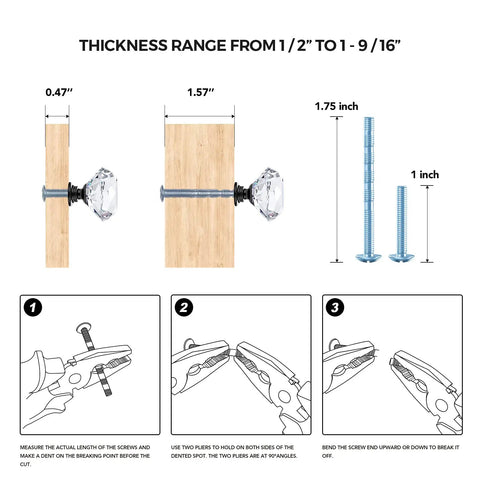 Installation guide showing screw lengths for Premium Crystal Cabinet Drawer Knobs With Matte Black Zinc Base Thirty Millimeter Handle Built Tough For Easy Kitchen Refreshes And Furniture Revamps Five Piece Bundle.