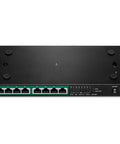 8 Port Gigabit PoE Plus Switch With 65W Power Budget, 16 Gbps Switching, IEEE 802.1p QoS, shown from top view, black.
