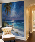 Beach Night Sky Oil Painting Photo Wallpaper With Ocean Rowing Theme Large Wall Mural For TV Backdrop And Chill Bedroom Or Living Room Decor 108 Inch Wide By 75 Inch High Dark Blue showing a serene coastal scene with a moonlit ocean and a small boat on still water.