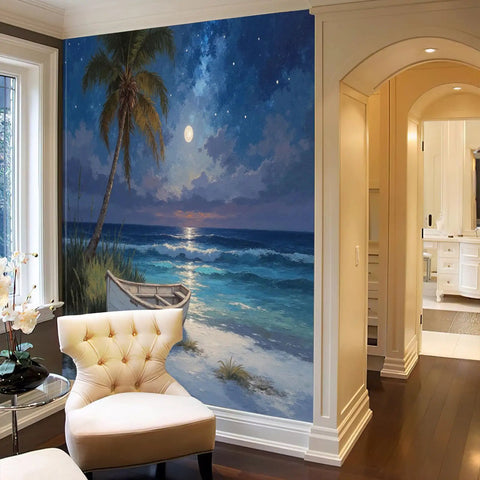 Beach Night Sky Oil Painting Photo Wallpaper With Ocean Rowing Theme Large Wall Mural For TV Backdrop And Chill Bedroom Or Living Room Decor 108 Inch Wide By 75 Inch High Dark Blue showing a serene coastal scene with a moonlit ocean and a small boat on still water.