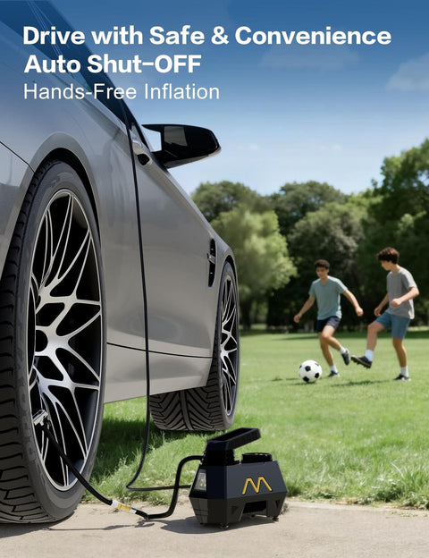 Portable Tire Inflator Air Pump for Cars Trucks SUVs Motorcycles and Bicycles with 12V DC Power beside car in park
