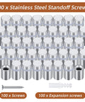 Heavy Duty Stainless Steel Standoff Screws One Half By Three Quarters Inch With Silicone Buffer Pads For Hanging Art And Wall Displays Tough As Nails Mounting Hardware 100 Piece Bulk Kit displayed in packaging.