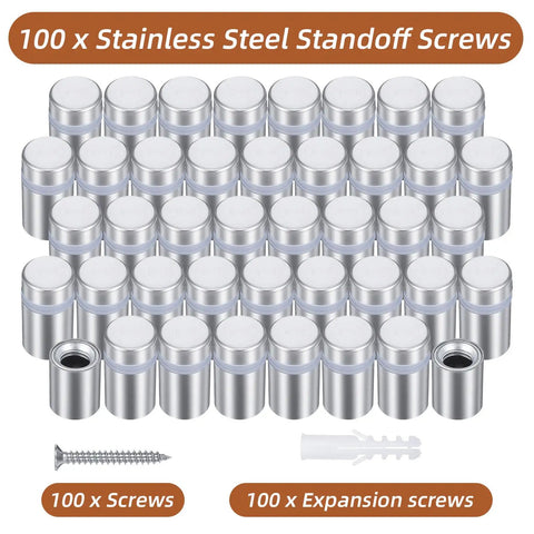Heavy Duty Stainless Steel Standoff Screws One Half By Three Quarters Inch With Silicone Buffer Pads For Hanging Art And Wall Displays Tough As Nails Mounting Hardware 100 Piece Bulk Kit displayed in packaging.