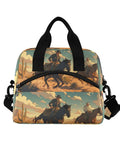 Front view of Desert Cowboy Style Insulated Lunch Bag 10L Cooler Tote with cowboy graphics and black shoulder straps.