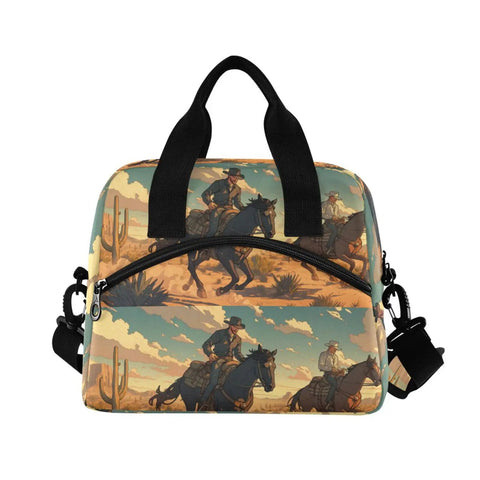 Front view of Desert Cowboy Style Insulated Lunch Bag 10L Cooler Tote with cowboy graphics and black shoulder straps.