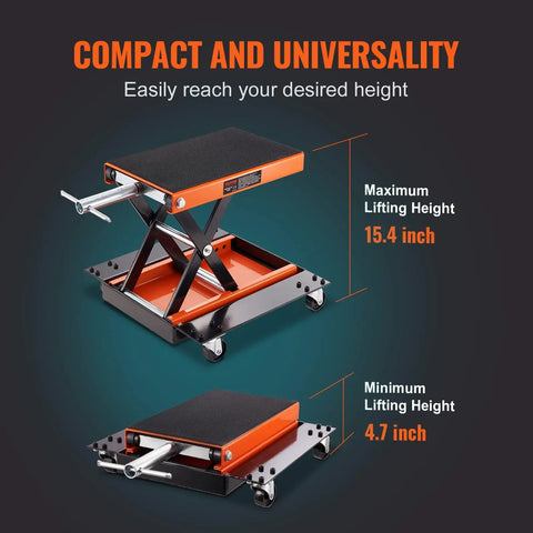 1100 Lbs Motorcycle Lift With Dolly And Hand Crank Scissor Lift Jack showing maximum and minimum lifting heights