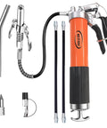 Pro Grade Heavy Duty 9000 PSI Grease Gun Kit With Quick Release Coupler, Leak Proof 14oz Canister, Includes Dual Hoses and Nozzles.