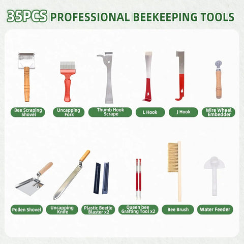 Beekeeping Starter Kit For Beginners With 35-Piece Tools Set showcasing hive tools, smoker, frame holder, and protective suit.