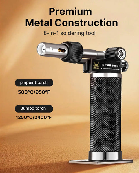 Pro Grade Butane Torch Kit With 16 Pieces, Cordless Soldering Iron, Metal construction, adjustable torch settings, premium build