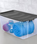 200 Quart Clear Plastic Modular Stacker Storage Bin Tote With Latching Lid Clear Base And Textured Sure Grip Surface In Flat Grey