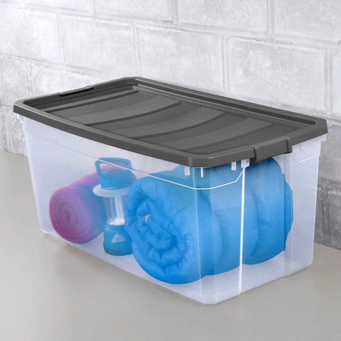 200 Quart Clear Plastic Modular Stacker Storage Bin Tote With Latching Lid Clear Base And Textured Sure Grip Surface In Flat Grey