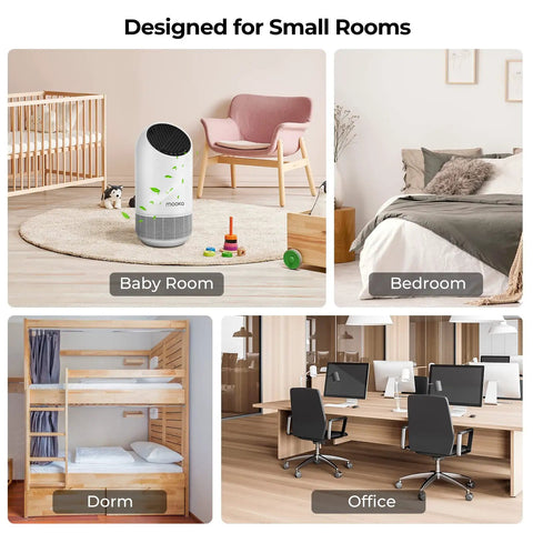 Certified Replacement HEPA Filter For Allo And Fillo Air Purifiers for small rooms, shown in baby, bedroom, dorm, and office settings
