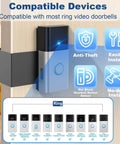 Anti Theft Video Doorbell Mount No Drill Bracket For Battery And Video Doorbells Easy Install For Apartments Homes And Small Businesses Compatible With Models 1 2 3 3Plus 4 2Nd Gen Battery Plus 2023 And Battery Pro 2024 Not For Security Doors showing installation on wall with device compatibility chart