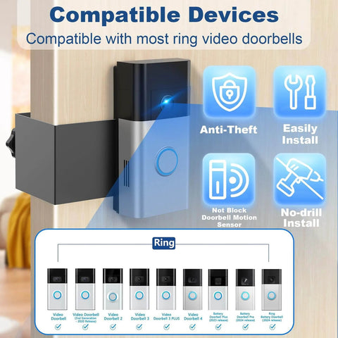 Anti Theft Video Doorbell Mount No Drill Bracket For Battery And Video Doorbells Easy Install For Apartments Homes And Small Businesses Compatible With Models 1 2 3 3Plus 4 2Nd Gen Battery Plus 2023 And Battery Pro 2024 Not For Security Doors showing installation on wall with device compatibility chart