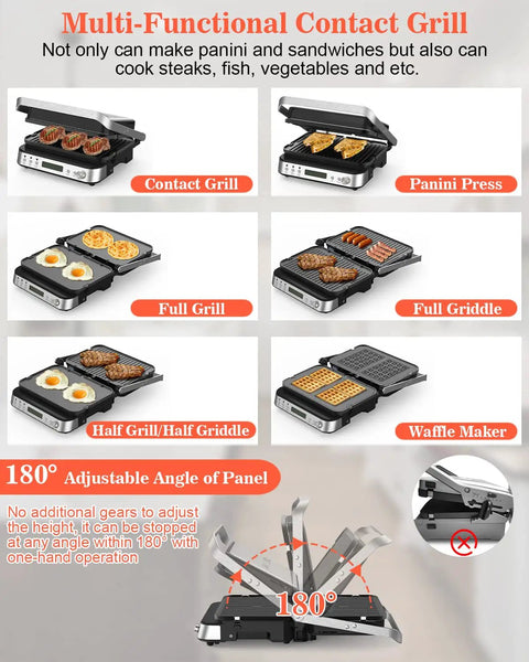 Cattleman 1600W Panini Press Grill And Sandwich Maker With Removable Plates, 6 In 1 Indoor Contact Grill featuring Meat Thermometer, features multiple cooking styles and adjustable panel angle.