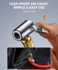 Quick connect coupler for digital tire pressure gauge with inflator, heavy duty 3 to 250 PSI range, showing press to lock function.