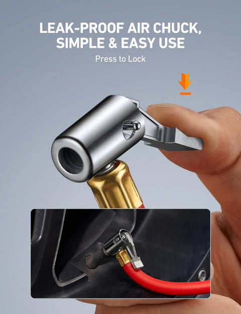 Quick connect coupler for digital tire pressure gauge with inflator, heavy duty 3 to 250 PSI range, showing press to lock function.