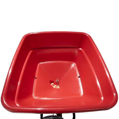 Top view of Tow Behind 150Lb Broadcast Spreader For Fertilizer And Seed With Easy Flow Control Adjustable Settings Non Skid Tires