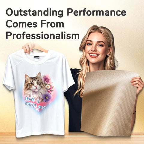 Woman holding a 12 Pack PTFE Teflon Sheet 16 By 20 Inches for heat press and sublimation beside a printed t-shirt.