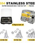 176 Piece Heavy Duty Hex Head Bolts And Nuts Kit In 304 Stainless Steel Metric Set For Rugged Repairs And Projects With Precise Threads And Durable Construction. 304 stainless steel hex bolt and nut kit, 176-piece set with 3/18-16, 5/16-18, 1/4-20 sizes.