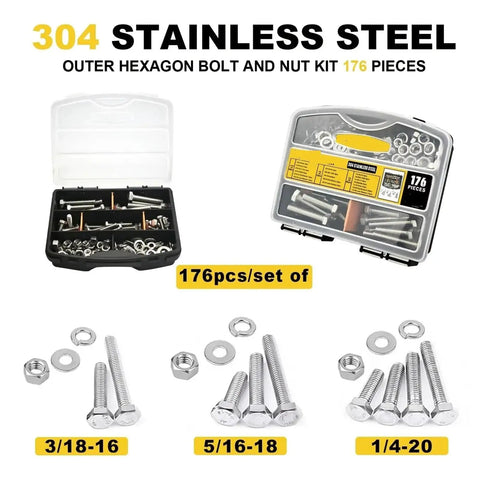 176 Piece Heavy Duty Hex Head Bolts And Nuts Kit In 304 Stainless Steel Metric Set For Rugged Repairs And Projects With Precise Threads And Durable Construction. 304 stainless steel hex bolt and nut kit, 176-piece set with 3/18-16, 5/16-18, 1/4-20 sizes.