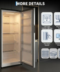 Frost Free Upright Freezer Single Door Stand Up 20 Cubic Feet with LED light and adjustable shelves inside view.