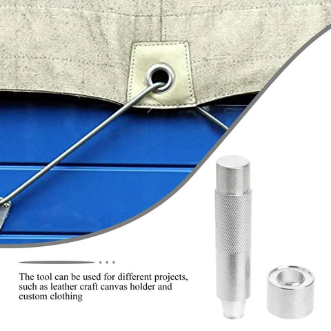 17mm Metal Eyelet Punch Tool Kit For Leather Craft Grommet Setter with base, shown with an installed eyelet in fabric