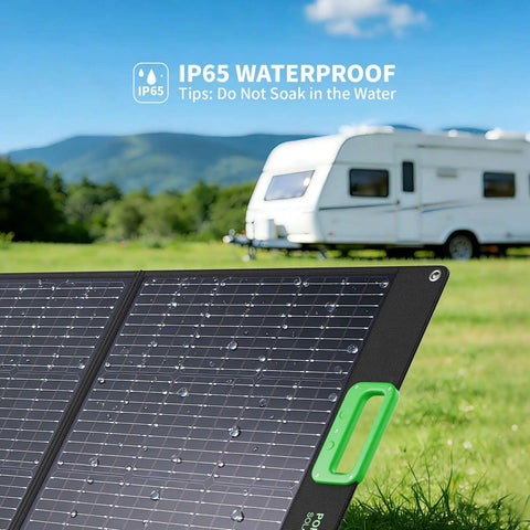 100W Portable Foldable Solar Panel For Power Stations And Generators Ideal For Outdoor Camping Van Life And RV Trips High Efficiency Solar Charger With 20V Output And Support For Multiple DC Adapters in a field next to an RV, showing waterproof feature with water droplets.