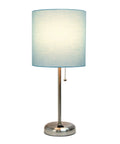 Aqua Desk Lamp In Brushed Steel With Built In Charging Outlet And Drum Fabric Shade Slick Slim Stick Design