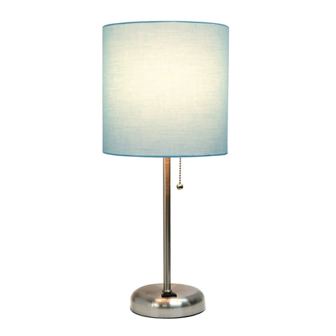 Aqua Desk Lamp In Brushed Steel With Built In Charging Outlet And Drum Fabric Shade Slick Slim Stick Design