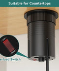 Pop Up Outlet With Wireless Charger And USB C Slick Retractable Recessed Power Station showing under-desk installation and overload switch.