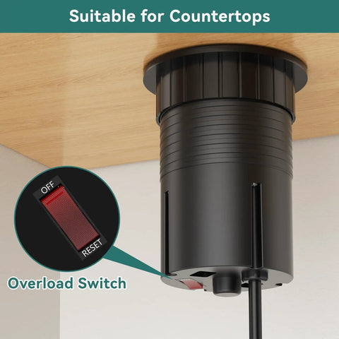 Pop Up Outlet With Wireless Charger And USB C Slick Retractable Recessed Power Station showing under-desk installation and overload switch.