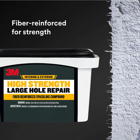 Heavy Duty Fiber Reinforced Spackling Compound, 12 Oz, For Large Hole Repairs In Drywall Plaster Stucco Concrete And Wood, 5x Faster Fix For Holes 3 To 5 Inches, Interior Or Exterior When Sealed With Paint, product close-up next to texture.