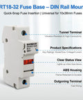 Image of RT18-32 fuse base with DIN rail mount showing tunnel terminal, product specifications, ABS housing, and clear status view.
