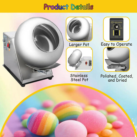 Heavy Duty Candy Coater Machine With Steady Heat Drying And Slick Sugar Ball Polish For Pharmaceutical Food Production And Chemical Work That Slaps On Flawless Coatings Zero Sweat On Your Busy Shop Floor, stainless steel pot and control panel.