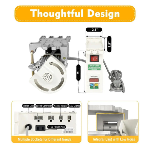 Electric Brushless Servo Motor With Controller 600W Industrial Sewing Machine Servo Motor 4500 RPM High Torque Beefy Performance Split Motor For Durable Garment Crafting And Precision Stitching Up To 100 Stitches Per Minute, front view showing 110V power plug and speed controls.