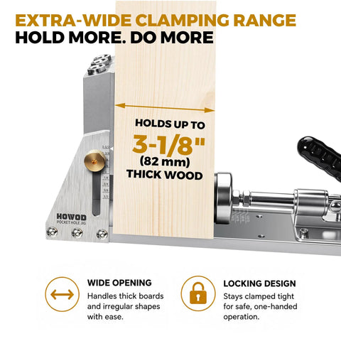 Badass Rigid All Steel Pocket Hole Jig Kit With Quick Release Toggle Clamp Heavy Duty CNC Machined Frame Zero Flex woodworking jig holding 3-1/8 inch thick wood.