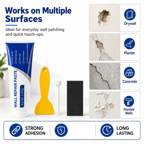 Hassle Free White Wall Repair Paste Kit With Built In Scraper For Quick Hole And Crack Patching showing 250g tube and scraper tool.
