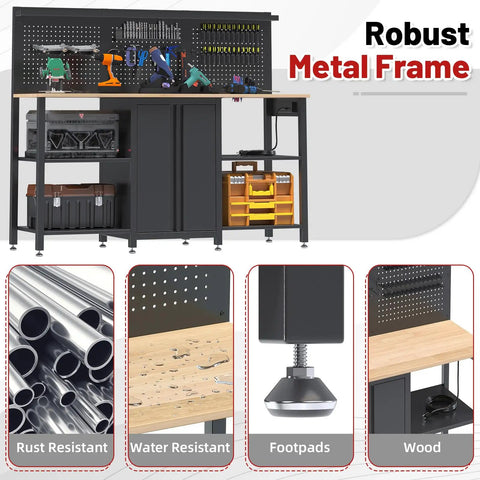 60 Inch Heavy Duty Garage Workbench With Pro Grade Tool Organizer System, features metal frame, storage panel, tool racks