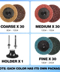 92 Piece 2 Inch Quick Change Sanding Discs Set With 1/4 Inch Roll Lock Pad For Metal Finishing, And Burr Cleanup, Includes 30 Coarse, 30 Medium, 30 Fine Grits, Plus Two Shank Types Round And Hex For Pneumatic Or Electric Die Grinders shown with separate colors and holder.