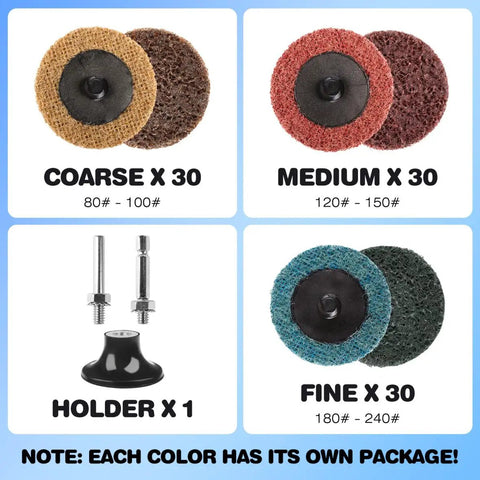 92 Piece 2 Inch Quick Change Sanding Discs Set With 1/4 Inch Roll Lock Pad For Metal Finishing, And Burr Cleanup, Includes 30 Coarse, 30 Medium, 30 Fine Grits, Plus Two Shank Types Round And Hex For Pneumatic Or Electric Die Grinders shown with separate colors and holder.