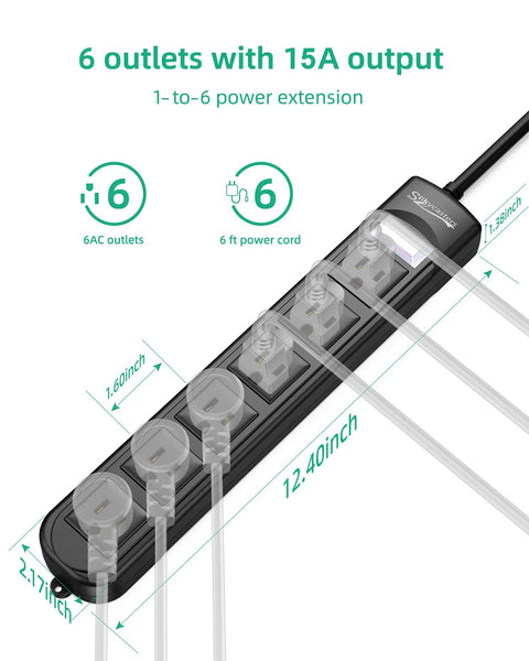 Weatherproof Outdoor Power Strip With Six Outlets Six Foot Extension Cord 1875W Surge Protector layout and dimensions illustration