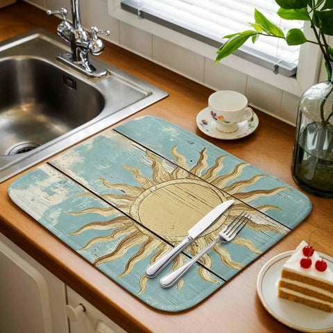 Yellow Sun Painting Dish Drying Mat For Your Kitchen Counter Blue Wood Grain Design Absorbent Microfiber Surface