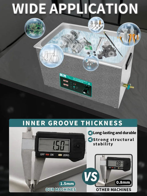 Huge 37.5L Ultrasonic Cleaner With 720W Power for deep cleaning engine parts, tools, and jewelry, showing wide applications.