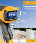 Close-up of Workhorse Cleaning Tool for DeWalt 20V Battery System with digital display, hose nozzle settings, before and after cleaning.