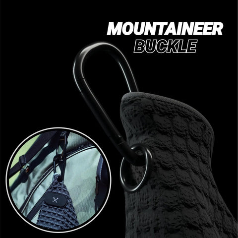 Premium Magnetic Golf Towel With Brush Groove Cleaner And Clip Microfiber Waffle Towel hanging with carabiner clip.