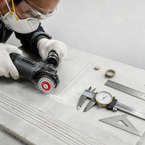 A worker using a grinder with Badass Grade 4 Pack Mini Diamond Saw Blades Set For Granite Marble And Tile Precision Cutting.