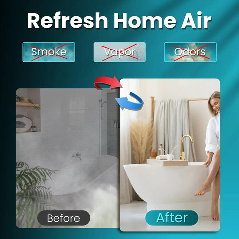 Before and after image highlighting air quality improvement with Powerful 6 Inch Exhaust Fan With Damper for bathrooms.